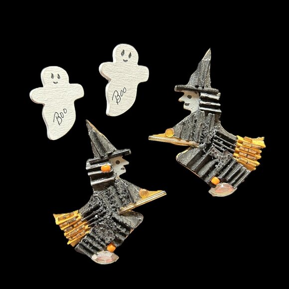 Halloween Earrings – Set of 2 Pair (Witch on Broom and Ghost “Boo”) - Picture 1 of 14
